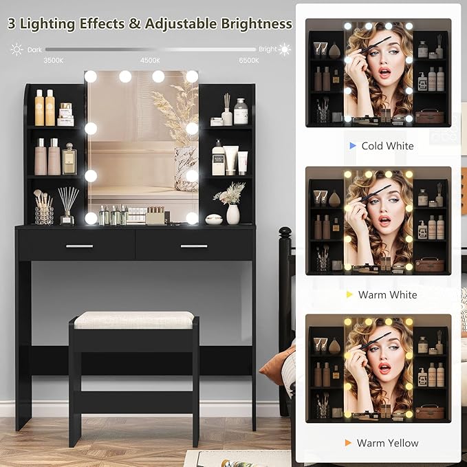 usikey Vanity Desk with Mirror & Lights, Makeup Vanity Table with 2 Large Drawers, 6 Storage Shelves & Stool, Bedroom Dressing Vanity Table with 3 Color Light Adjustable, Black