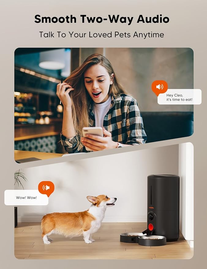 WOPET Automatic Cat Feeder with Camera for Two Cats, 6L Automatic Dog Feeder with HD Video and Night Vision, 5G/2.4G WiFi Pet Feeder for Cats & Dogs, SD Card Storage & 2-Way Audio-Mewly Pet