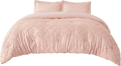Bedsure Queen Comforter Set - Coral Pink Comforter, Boho Tufted Shabby Chic Bedding for Kids, 3 Pieces Vintage Farmhouse Bed Set for All Seasons, Fluffy Soft Bedding with 2 Pillow Shams