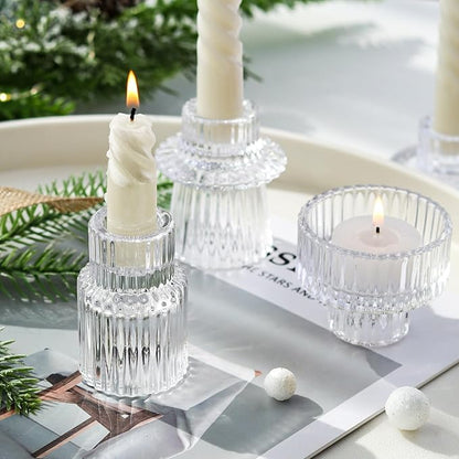 Ribbed Glass Candlestick Holders 6PCS Clear Candle Stick Holders for Tealight Taper Candles Dining Table Centerpieces Holiday Decoration