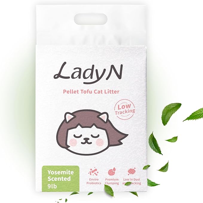 Lady N Pellet Tofu Cat Litter Yosemite Woody Scent, Strong Clumping, Ultra Absorbent, Dust-Free Low Tracking, Water-Soluble, Natural Ingredients, Enviro-Probiotic for Odor Control 9lb-Mewly Pet