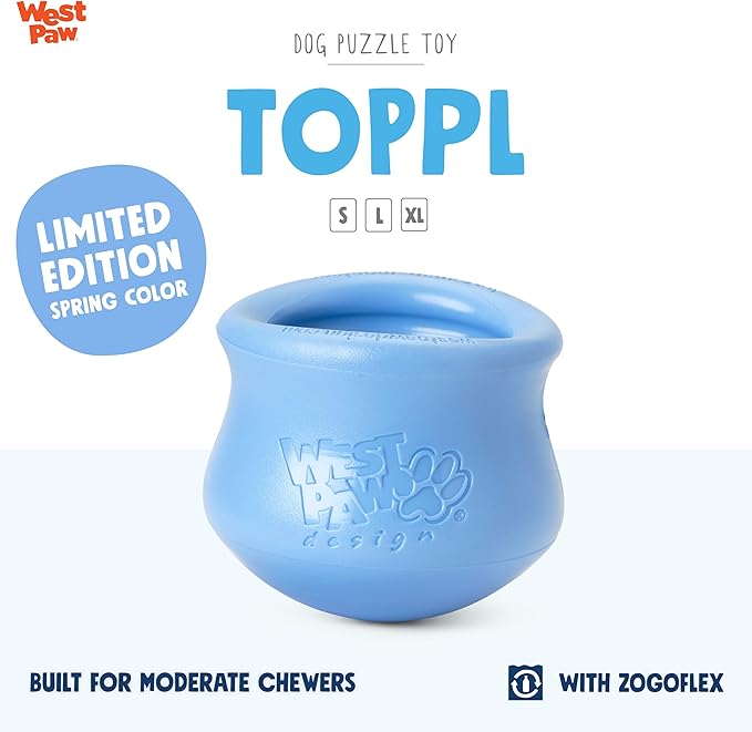 WEST PAW Zogoflex Limited Edition Toppl Treat Dispensing Dog Toy Puzzle – Interactive Chew Toys for Dogs – Dog Toy for Moderate Chewers, Fetch, Catch – Holds Kibble, Treats, Small 3", Periwinkle-Mewly Pet