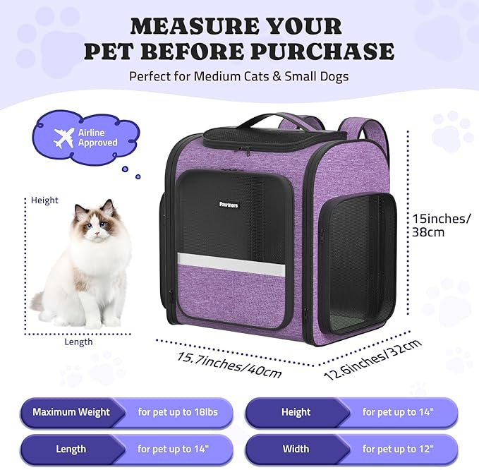 Pawtners Dog Carrier Backpacks Large Cat Backpack with Anti-Scratch Mesh, Foldable Designed Pet Backpack Carrier for Kitten Small Dogs & Large Cats Up to 18 Lbs, Dog Carrier for Travel Outdoor-Mewly Pet