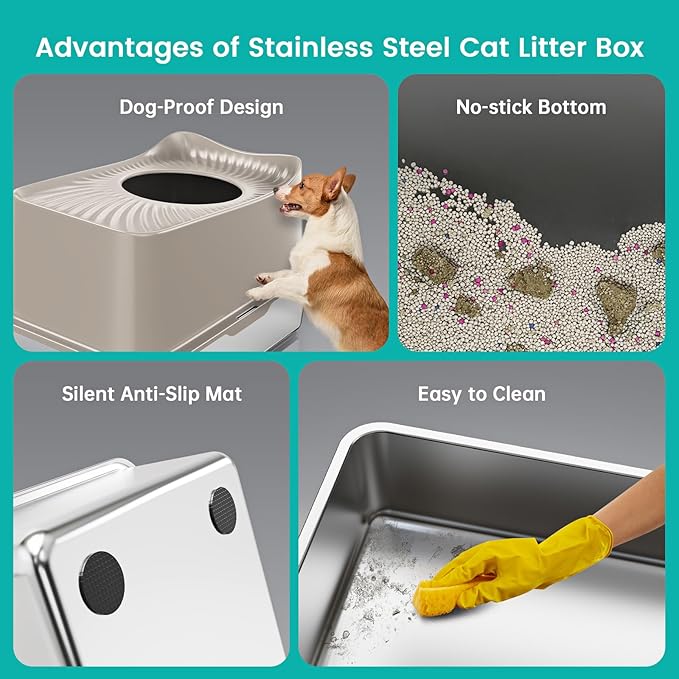Stainless Steel Cat Litter Box, XL Top Entry Litter Box for Big Cats, Enclosed Large Cat Box with High Wall, Metal Cat Litter Pan Never Absorbs Odors, Easily Cleaning, Include Scoop-Mewly Pet