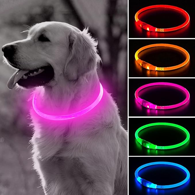 BSEEN Light Up Dog Collar, Rechargeable LED Dog Collar Waterproof Glowing Pet Collar TPU Cuttable Lighted Puppy Collar Safety Dog Lights for Night Walking (Pink 70cm)-Mewly Pet