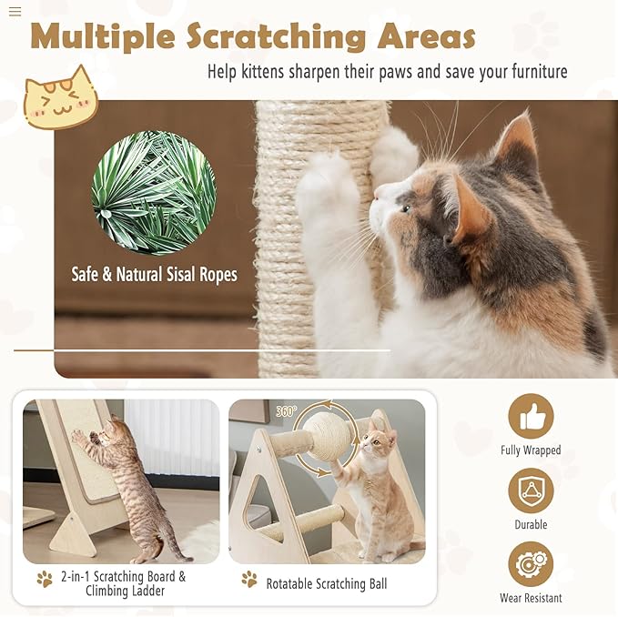 Tangkula Modern Wood Cat Tree for Indoor Cats, 64 Inch Multi-Level Tall Cat Tree with Scratching Rotatable Ball & Posts, Sisal Ramp, Hanging Basket, Large Cat Tower with Plush Perch, Washable Mats-Mewly Pet