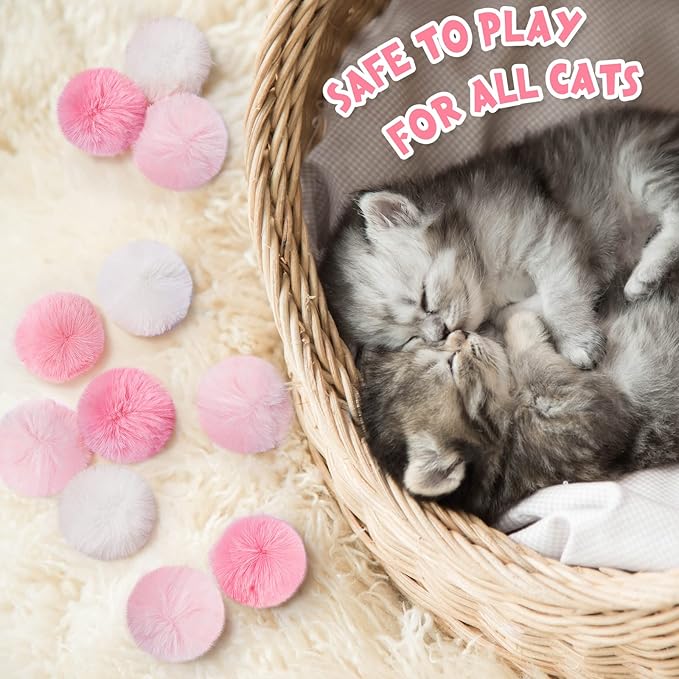 Weewooday 12 Pieces Cat Pom Pom Balls Toys Large Fuzzy Cat Ball Artificial Large Plush Ball for Cats Pets Interactive Playing Indoor(Pink, White,Solid Color)-Mewly Pet