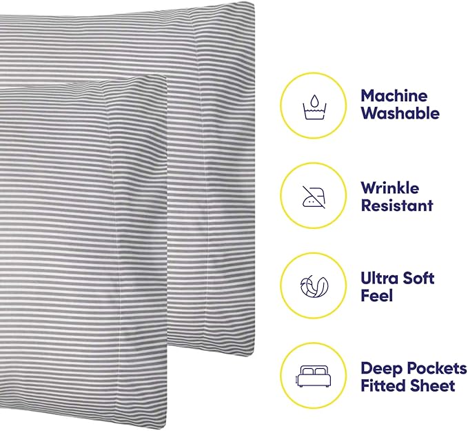 Queen Sheets Stripe Grey - 6 Piece 1500 Supreme Collection Fine Brushed Microfiber Deep Pocket Queen Sheet Set Bedding - 2 Extra Pillow Cases, Great Value, Queen, Classic Stripe Gray
