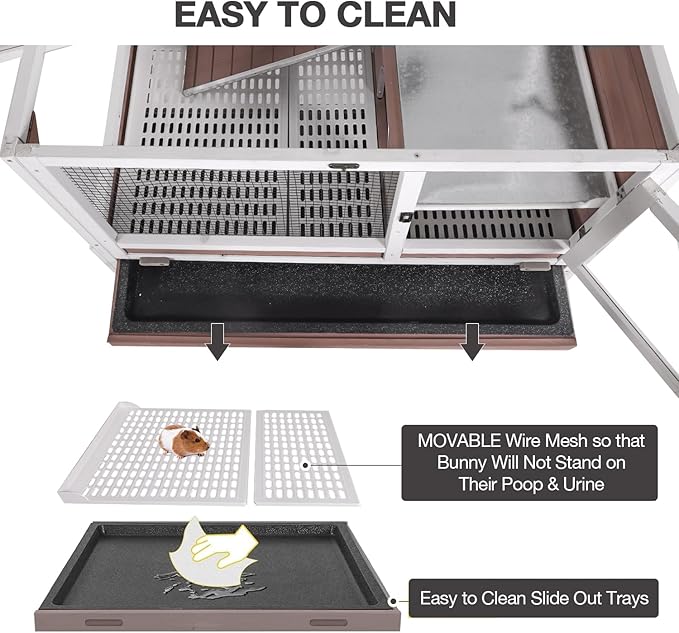 Guinea Pig Cage Indoor with Cool Zinc Plate Rabbit Hutch with Wheels and Removable Proof Tray Elevated Legs Hamster Cage with Chew-Resistant Metal Frame 36.6" L（Brown）-Mewly Pet