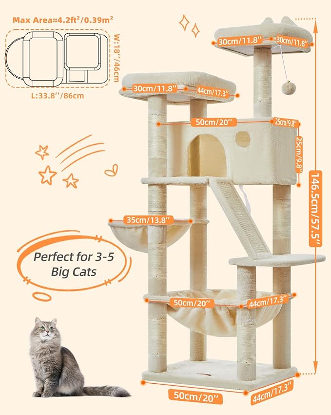 Taoqimiao Cat Tree 57.5-Inch, Cat Tower for Indoor Cats Large Adult, Extra Large Cat Condo, 8 Sisal Scratching Posts, Metal Frame Cozy Hammock, Durable Scratch Board, 2 Top Perches, Beige MS026M-Mewly Pet
