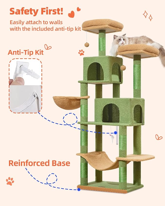 Taoqimiao Cat Tree, 66.2-Inch Cat Tower for Indoor Cats, Plush Multi-Level Cat Condo with 7 Scratching Posts, 2 Perches, 2 Caves, Hammock, 2 Pompoms, MS013T Cactus-Mewly Pet