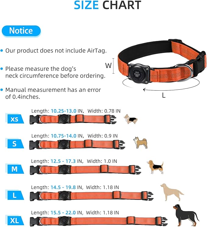 Upgraded AirTag Dog Collar, IP68 Waterproof Air Tag Dog Collar Holder, Reflective, Ultra-Durable, Comfortable Padded, Heavy Duty Dog Collars for Small Medium Large Dogs (M (12.6"-17.1"), Orange)-Mewly Pet