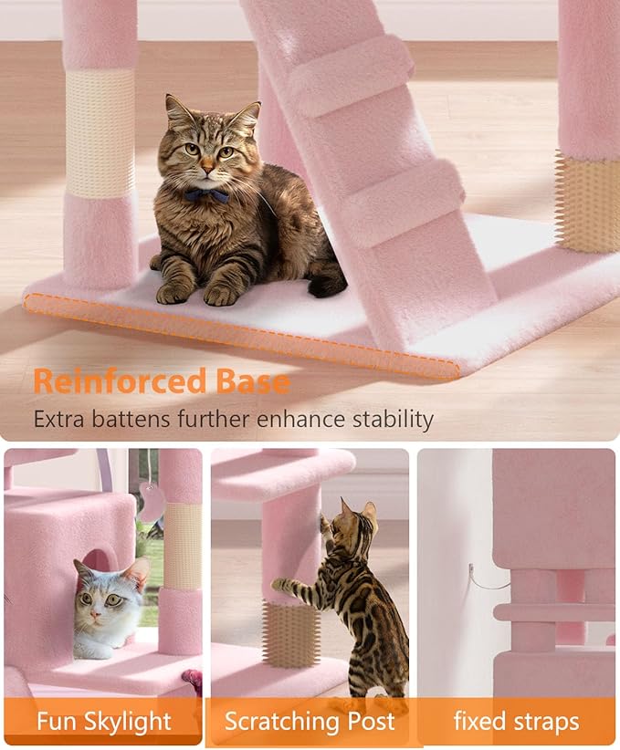 54" Cat tree Tower for Indoor Cats Large Adult,Cute/Tall Modern Cat Tree for Big Cats 20 lbs,Plush Multi-Level Cat Condo with Scratching Posts, Dangling Ball for fun play (Soft Pink, 54 inch)-Mewly Pet