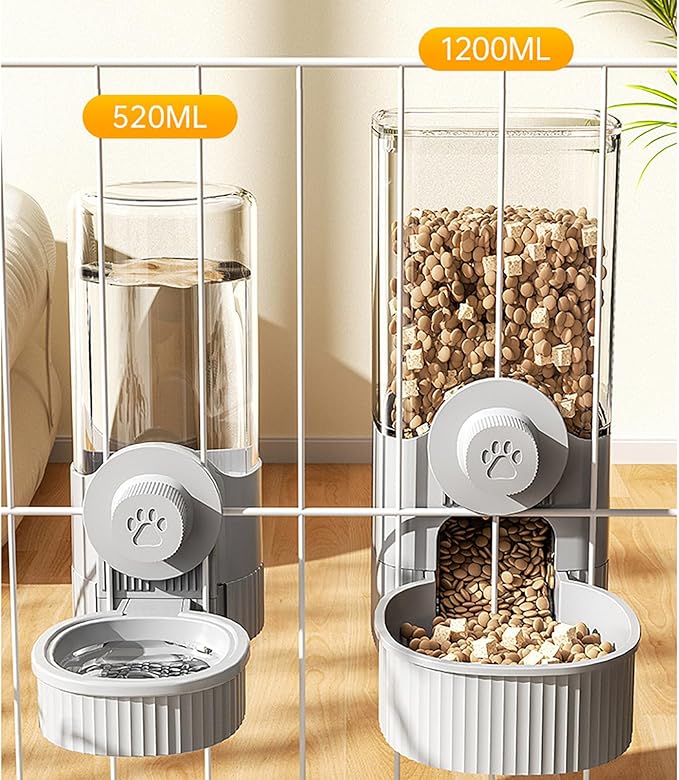 GKYZBB Hanging Automatic Food Water Dispenser,Rabbit Feeder Guinea Pig Water Bottle Food Feeder for Ferret Guinea Pig Rabbit Bunny Cage Accessories (Grey, 520ml+1200ml)-Mewly Pet