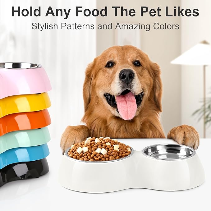 Double Dog Bowls Set – Non-Slip Pet Food & Water Dishes with Resin Stand, Includes Small (1 Cup) & Medium (2 Cups) Bowls – Ideal for Puppies, Cats, and Medium Dogs – White-Mewly Pet