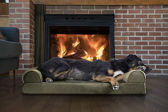 Furhaven Orthopedic Dog Bed for Large/Medium Dogs w/ Removable Bolsters & Washable Cover, For Dogs Up to 55 lbs - Faux Fur & Velvet Sofa - Dark Sage, Large-Mewly Pet