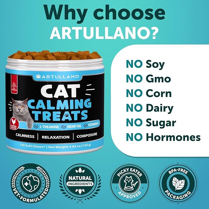 Hemp Cat Calming Treats for Stress & Anxiety Relief - Cat & Kittens - Melatonin - Storm Anxiety, Сomposure, Grooming, Separation, Veterinary Visits, Travel Care - Calming Aid with Hemp Oil - 135 Chews-Mewly Pet