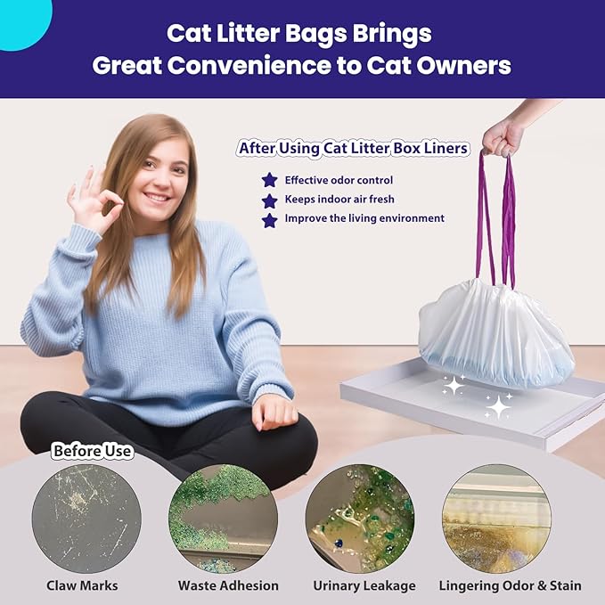 24 Count Litter Box Liners, Waste Bags Compatible with Pet-safe ScoopFree Self-Cleaning Litter Box Tray Refills, Drawstring Litter Bags for Reusable Tray, Pre-Separated (38"L x 14.5"W x 7.8"H)-Mewly Pet