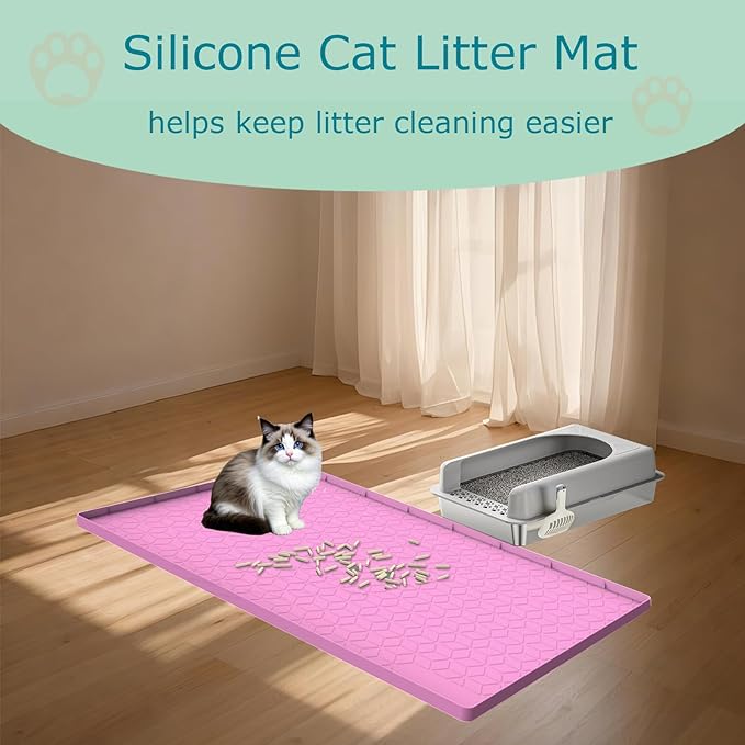 Cat Litter Mat, Silicone Large Cat Mat for Litter Box - 28x22 in, Waterproof & Non-Slip, Durable & Easy Clean, Pink-Mewly Pet
