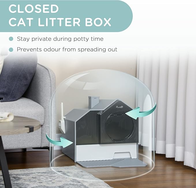 PawHut Hooded Cat Litter Box with Kitty Litter Mat, Kitty Litter Pan with Odor Control, Easy-Clean Pull-Out Drawer, Handle, Scoop, Gray-Mewly Pet