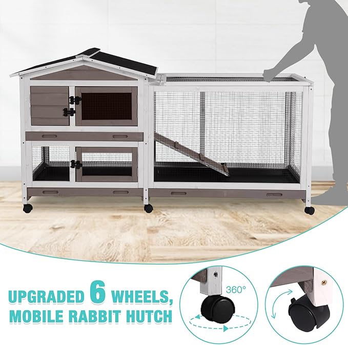 62" Rabbit Hutch with Chew-Proof Ramp & Waterproof Roof - Indoor/Outdoor Bunny Cage, 2-Story Design, 6 Lockable Caster Wheels & Dual Pull-Out Trays (Brown)-Mewly Pet