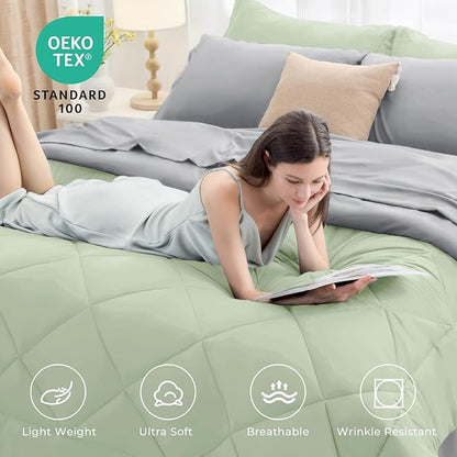 HEVUMYI Twin-XL Comforter Set - 5-Piece All Season Bed in a Bag Twin-XL, Ultra Soft Bedding Set with Comforter, Flat Sheet, Fitted Sheet, Pillowcases, Pillow Shams, Sage Green & Light Grey