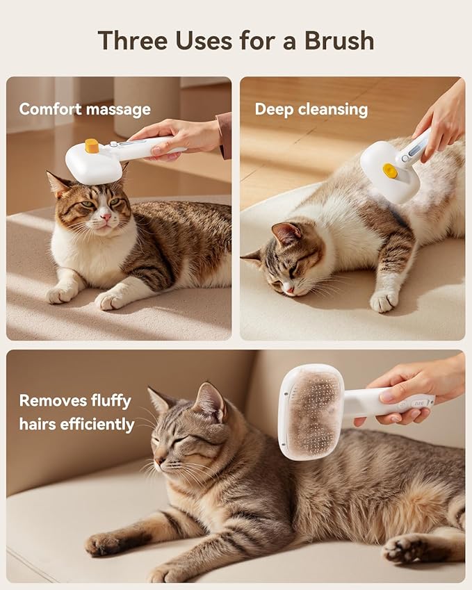 ROJECO 3-in-1 Pet Steam Brush for Cats&Dogs-Pet Spray Hair Removal Detangling Comb with Adjustable Mist,Handheld Deshedding Grooming Tool for Long/Short Hair,Massage Brush & Shedding Control,Cordless-Mewly Pet