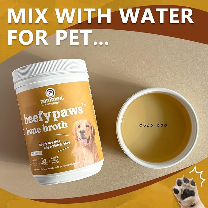 Zammex Grass-Fed Beef Bone Broth Protein Powder for Dogs & Cats - Joint & Bone Support, Healthy Fur Enhancer, Pet Food Topper for Dry & Wet, 10.58oz-Mewly Pet