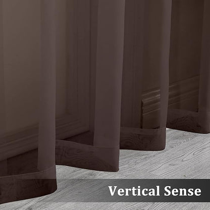 OVZME Elegant Voile Panels - Solid Color Sheer 96" Length Window Curtains, Chocolate, 2 Panels=84" W