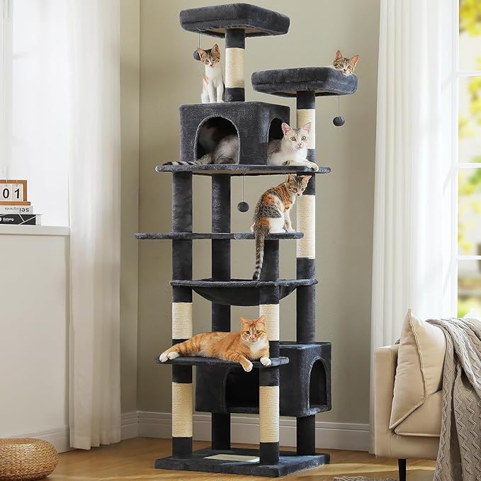 PAWZ Road Heavy Duty Cat Tree for Large Cats, 81 Inches Tall Cat Tower with 2 Perches, 2 Condos and Spacious Hammock, XL Extra Large Condo with 7 Scratching Posts for 20lb+ Adult Cats, Dark Gray-Mewly Pet