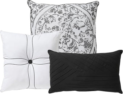 Queen Comforter Set - Complete 7-Piece Bedding Collection - 1 Comforter, 2 Pillow Shams, 1 Bed Skirt & 3 Decorative Accent Pillows - Premium Quality, Queen, Black/White Damask