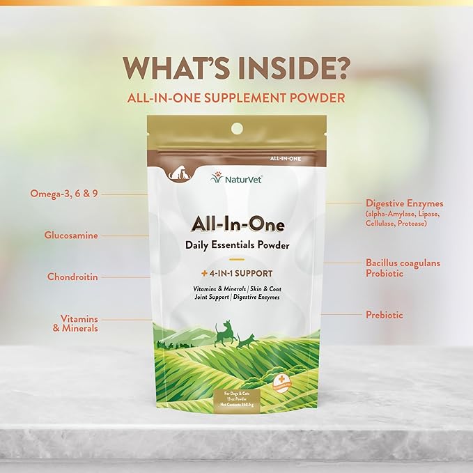 NaturVet All-in-One Dog Supplement - for Joint Support, Digestion, Skin, Coat Care – Dog Multivitamins with Minerals, Omega-3, 6, 9 – Wheat-Free Vitamins for Dogs – 13-Ounce Powder-Mewly Pet
