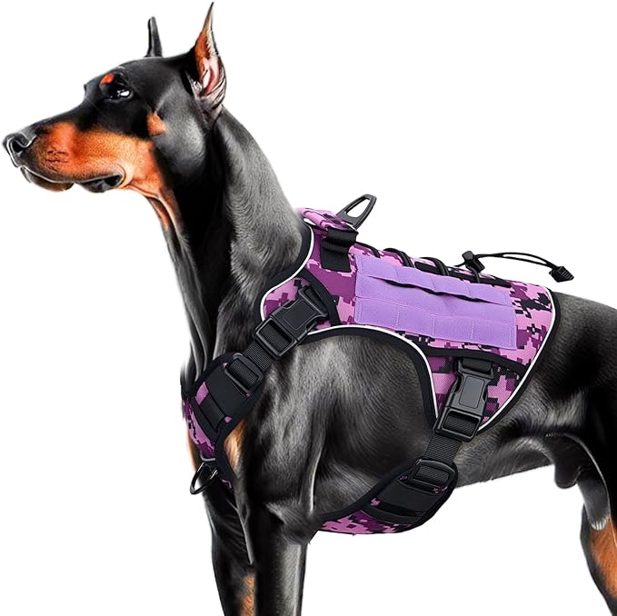 Heavy-Duty Tactical Dog Harness for Large Dogs, No Pull Adjustable Reflective Pet Vest with Molle System, K9 Military-Grade Control for Service Training, Outdoor & 10+ Breeds, Purple Camo, Large-Mewly Pet