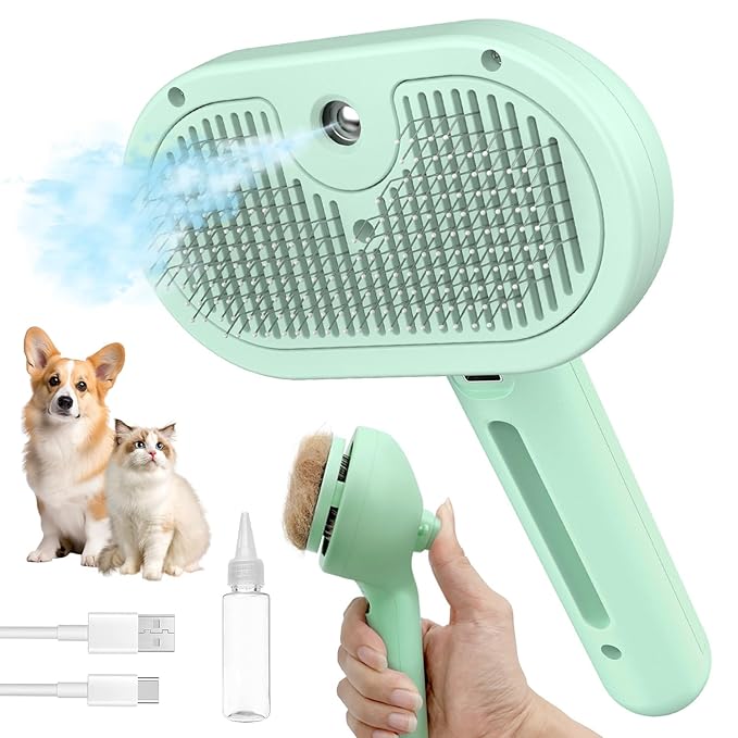 Steam Pet Brush for Shedding, 3 In 1 Self Cleaning Anti-Static Steamy Hair Brush, Reduces Loose Hair and Shedding for Long and Short Hair Pets Grooming, Green-Mewly Pet