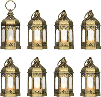 8Pcs 5-inch Mini Lanterns Centerpieces for Table, Baby Shower Decorations, Vintage Small Lantern for Halloween Decorations, Party Lights for Enchanted Forest Decorations, Wedding Decor, Brushed Brass