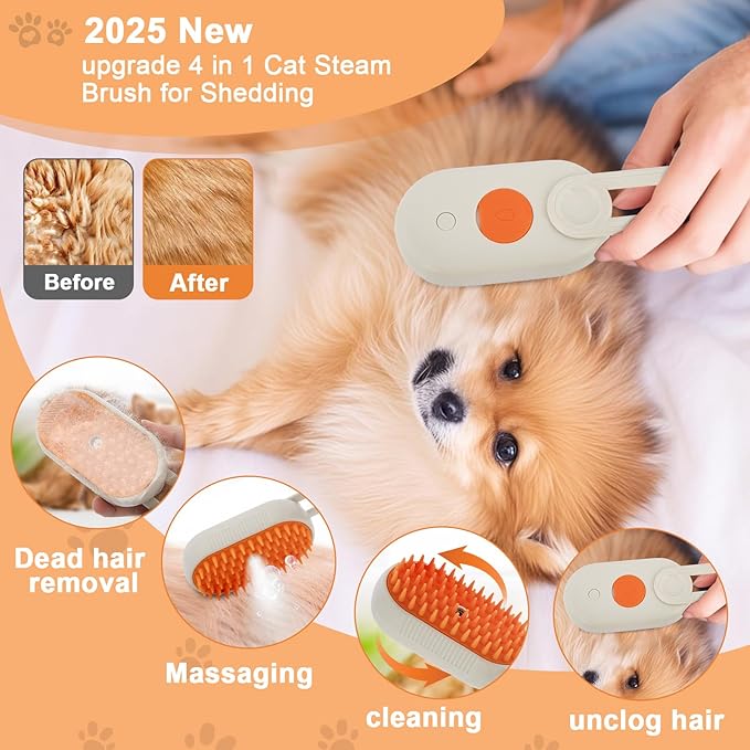 4-in-1 Cat Steam Brush Cat and Dog Anti-Static steam Brush with Spray for Massaging,cleaning,Shedding,Grooming,New Rechargeable Pet Grooming Brushes(cream khaki)-Mewly Pet