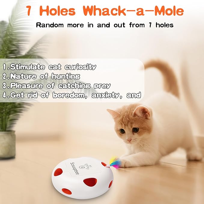 Interactive Cat Toy, Electric Cat Toys for Moving Concealed Feathers, Smart Sensor 7 Holes Whack a Mole Feather Toy, USB Charge Automatic Kitten Toys,White-Mewly Pet