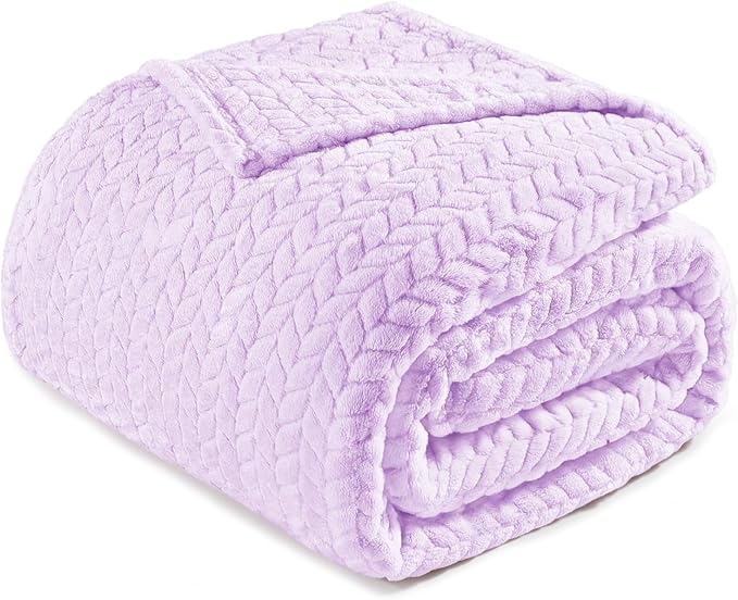 Exclusivo Mezcla Fleece Queen Size Blanket for Bed, 90x90 Inches Soft Cozy Jacquard Flannel Blankets, Lightweight Fuzzy Plush Warm for Winter, Lilac Purple