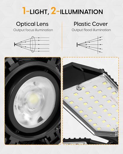 Adiding LED Garage Light, Bright 10000 Lumen LED Workshop Basement Lighting Fixture with Adjustable Spotlight and 6 Deformable Panels fit for E26 E27 Bulb Socket for Warehouse Attic Cellar Workspace