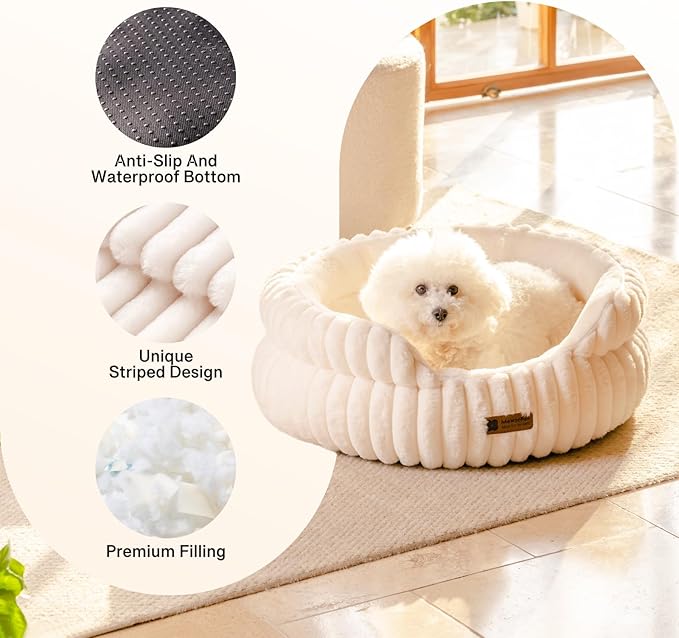 MEWOOFUN Cat Beds for Indoor Cats, Washable Dog Bed for Small Dogs, Round Pet Bed for Puppy and Kitten with Anti-Slip Bottom (Beige, 20"x20"x8")-Mewly Pet