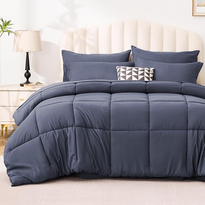 Love's cabin Full Comforter Set Indigo Blue, 7 Pieces Full Bed in a Bag, All Season Bedding Sets with 1 Comforter, 1 Flat Sheet, 1 Fitted Sheet, 2 Pillowcase and 2 Pillow Sham