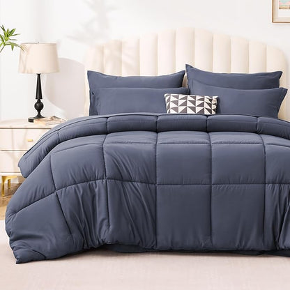 Love's cabin King Size Comforter Set Indigo Blue, 7 Pieces King Bed in a Bag, All Season Bedding Sets with 1 Comforter, 1 Flat Sheet, 1 Fitted Sheet, 2 Pillowcase and 2 Pillow Sham