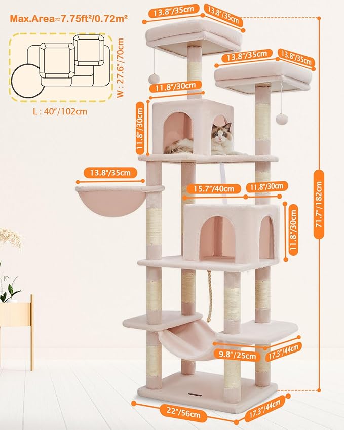 TaoqimiaoCat Tree Cat Tower for Indoor Cats, Plush Multi-Level Cat Condo with 12 Scratching Posts, 2 Perches, 2 Caves, Hammock, 2 Pompoms Jelly Pink-Mewly Pet