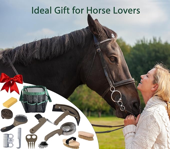 Horse Grooming Kit 13 Piece, Horse Brushes for Grooming Supplies Set with Organizer Bag, Horse Brush & Curry Comb for Effective Cleaning, Gift for Horses Riders Beginners-Mewly Pet