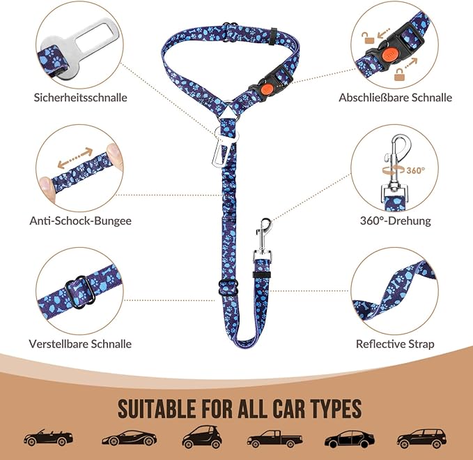 SlowTon Dog Seat Belt for Car, 2 Pack Dog Car Harness Seatbelt Adjustable with Elastic Bungee Buffer, 2 in 1 Pet Car Leash Headrest Restraint Dog Reflective Safety Tether (S, Blue, Headrest+Clip)-Mewly Pet