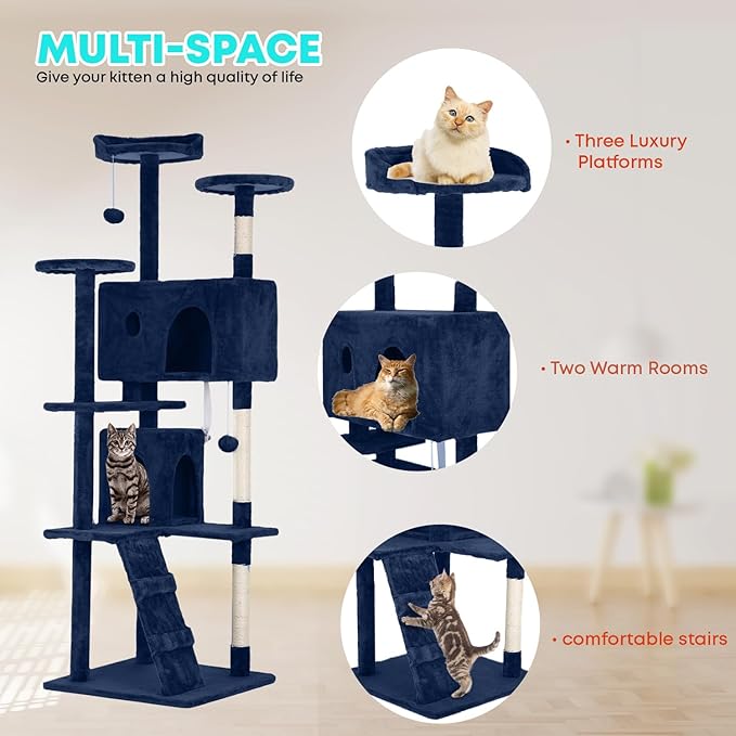 FDW Cat Tree 70in Cat Tower Multi-Level Durable Cat Scratching Post & Cozy Fun Cat Jumping Platform Space Saving Cat Condo Pet Play House for Indoor Cats,Navy Blue-Mewly Pet