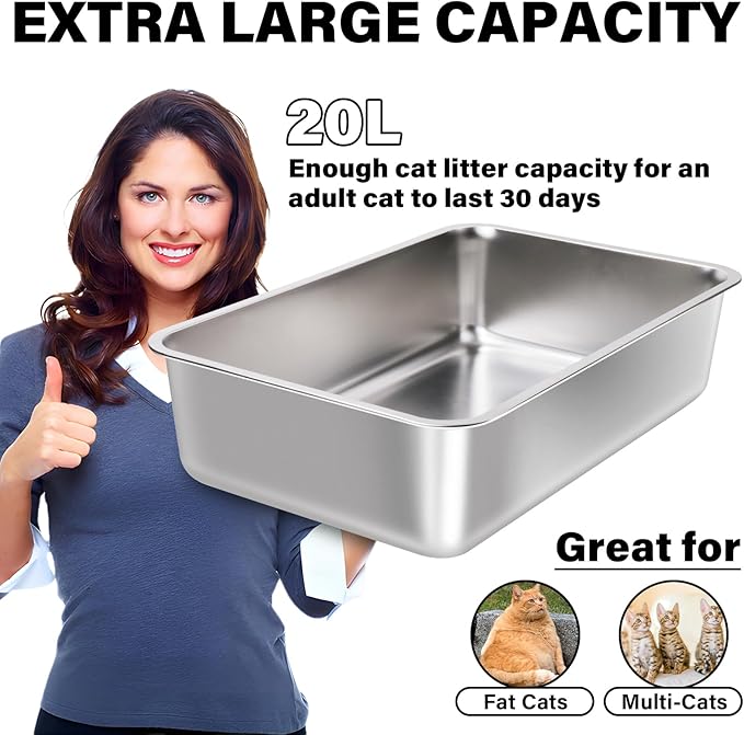 Stainless Steel Litter Box Easy Clean,-Large Metal Litter Box for Cats, High Sided Metal Litters Boxes, No Smell, Non Stick, Odor Proof, Indoor Outdoor-Mewly Pet