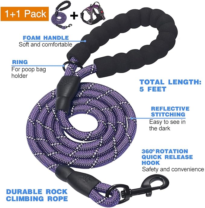 No Pull Dog Harness Adjustable Reflective Oxford Easy Control Medium Large Dog Harness with A Free Heavy Duty 5ft Dog Leash (L (Chest: 25.5"-31"), Purple Harness+Leash)-Mewly Pet