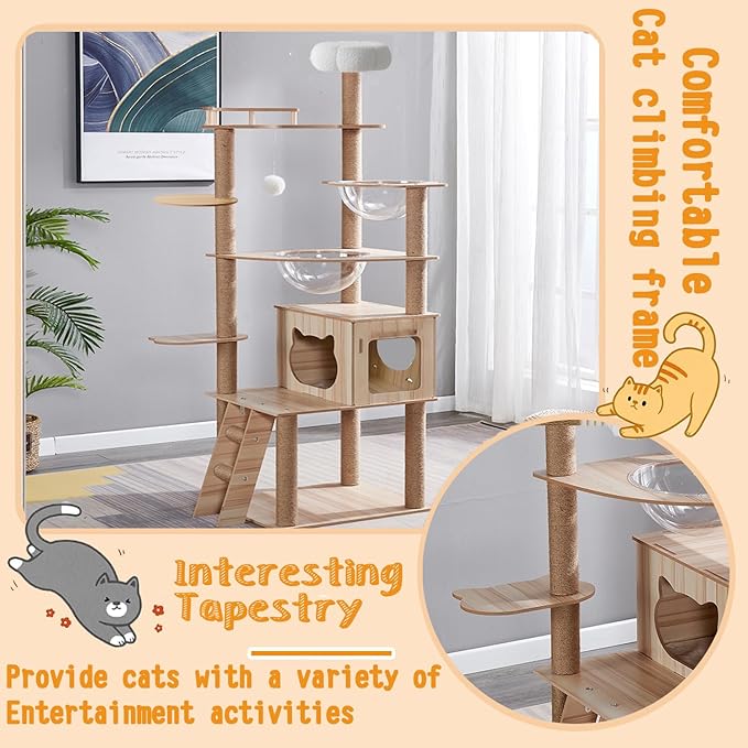 67-Inch Cat Tree for Indoor Cats Large Adult,Cat Tree Tower with Condo, Cat Stairs, 2 Bowl,14 Sisal Scratching Posts, Top Perch, with Padded Platform Bed,Toy Balls,Larg Large cat Tree.B12-Mewly Pet