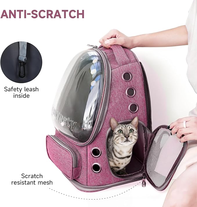 Cat Backpack Carrier, Breathable Cat Carrier Large Space Bubble Pet Backpack for Kitty Small Dog up to 15lbs, Transparent & Foldable Pet Carrier for Travel Hiking（Pink）-Mewly Pet